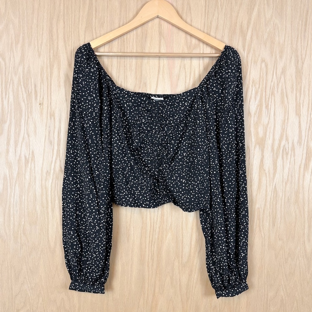 A New Day Black Polka Dot Ruched Long Sleeve Crop Top Medium - Picture 2 of 8